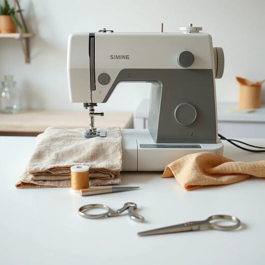 Beginner sewing machine on a clean table with fabric swatches and thread supplies nearby