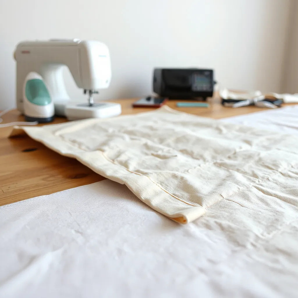 Quilt binding folded around a quilt edge with pressed corners, iron nearby, and sewing supplies on a clean table