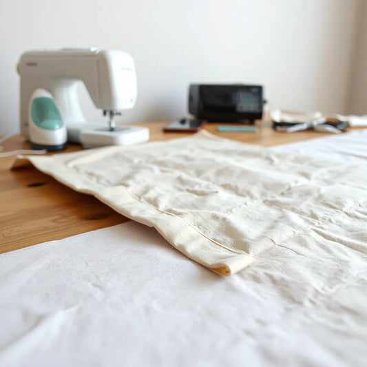 Quilt binding folded around a quilt edge with pressed corners, iron nearby, and sewing supplies on a clean table