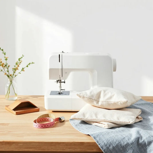 Sewing machine on a tidy table with fabric, pins, and tools for home project repairs