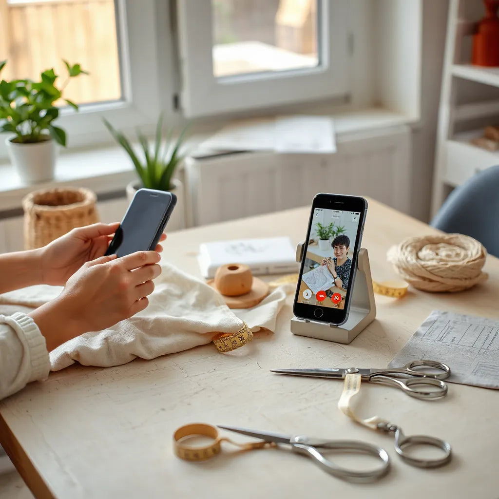 Hands arranging fabric and sewing tools beside a phone showing a video-call for at-home sewing help