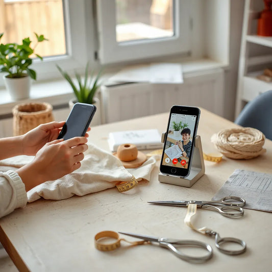 Hands arranging fabric and sewing tools beside a phone showing a video-call for at-home sewing help