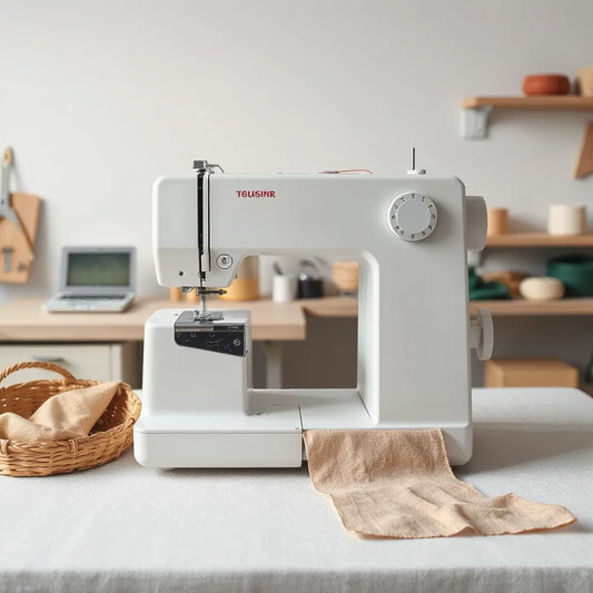 Air threading serger machine on a worktable with fabric ready for smooth seam stitching