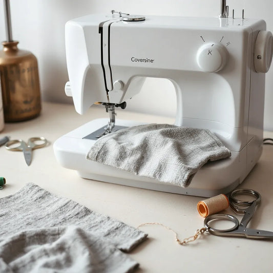 Coverstitch machine sewing a clean hem on stretchy knit fabric with thread and stitch samples visible