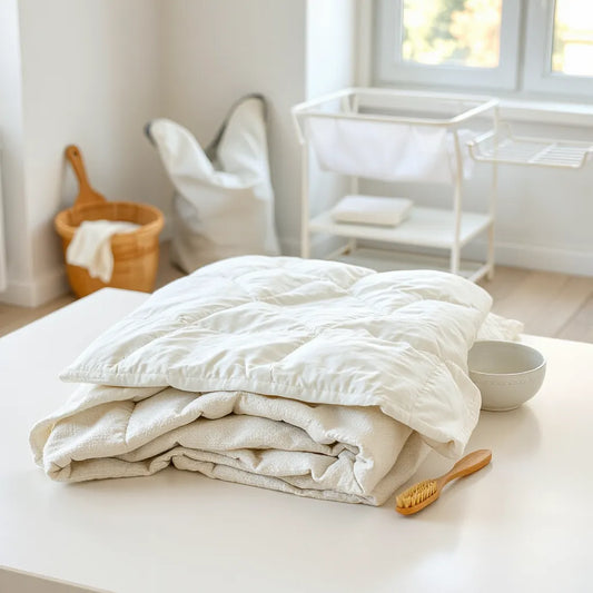 Neatly folded cotton quilt with gentle detergent, a soft brush, and breathable storage items for safe washing and drying.