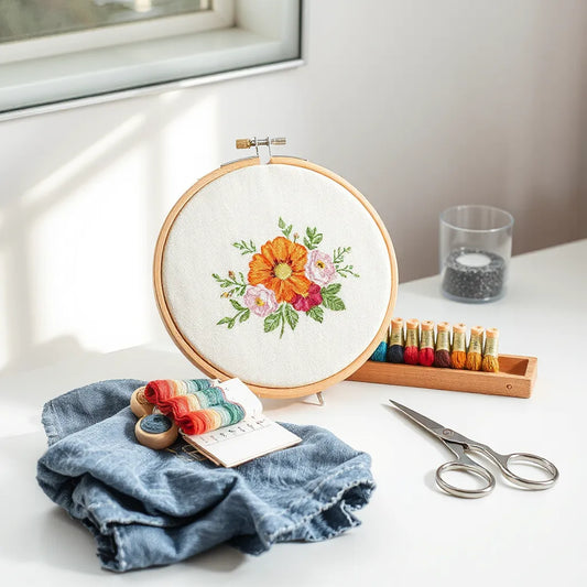Embroidery hoop with a floral stitched design on a clean craft workspace with threads and fabric