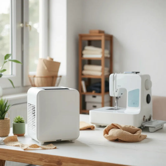 Modern air purifier near a sewing machine in a bright, tidy sewing room
