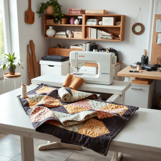 Quilting machine on a tidy home studio table with quilt fabric and thread supplies nearby