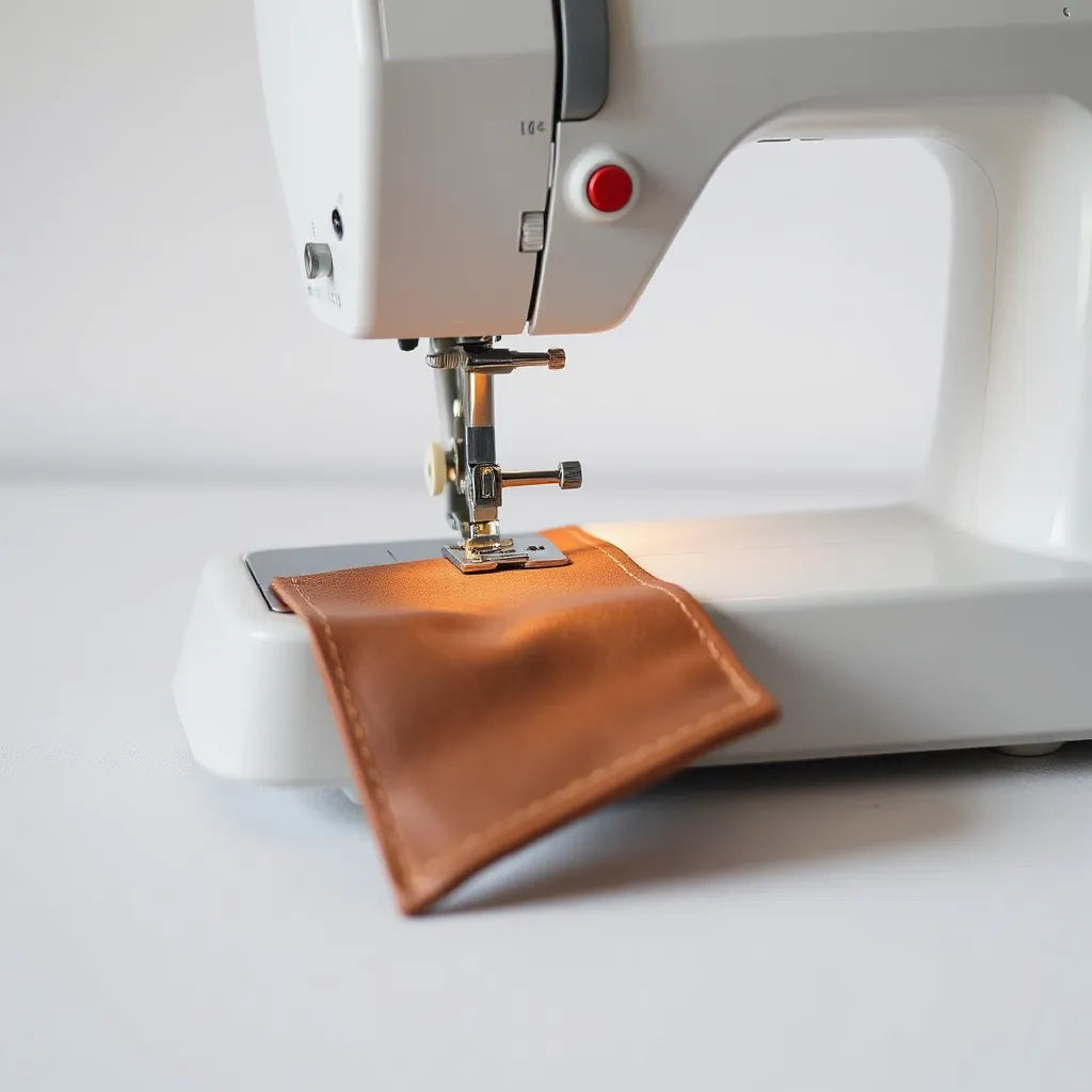Robust sewing machine stitching brown leather with visible presser foot and needle over the fabric edge