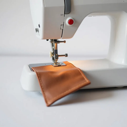 Robust sewing machine stitching brown leather with visible presser foot and needle over the fabric edge