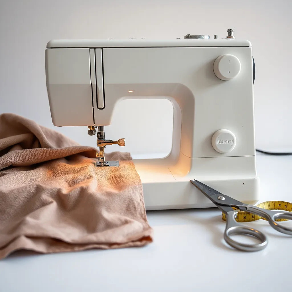 Sewing machine stitching aligned fabric with tools nearby for precise seam finishing