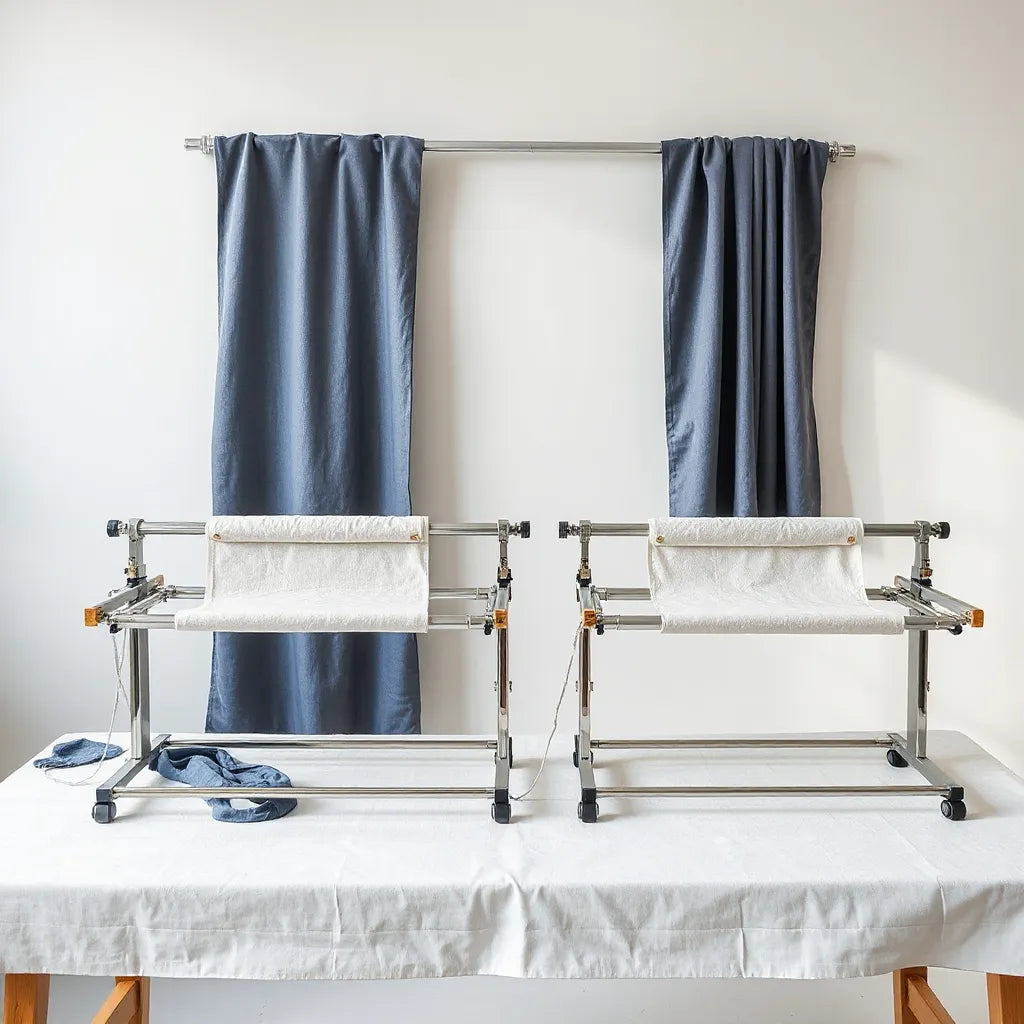 Quilting frames in different sizes with fabric stretched on a worktable under bright studio lighting