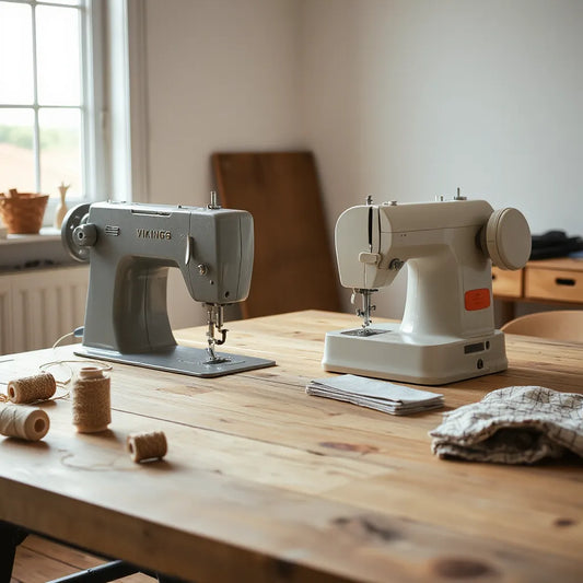 Two Viking-style sewing machines on a wooden table with fabric swatches and visible stitching area