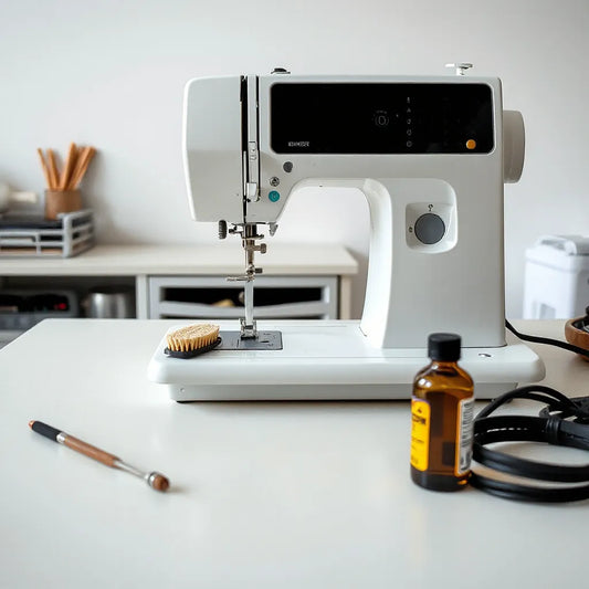 Sewing machine with open panel, lint brush, and oil tools on a clean workbench
