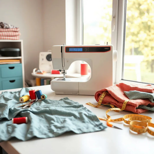 Open sewing machine beside colorful fabrics, thread spools, and a partially finished handmade garment