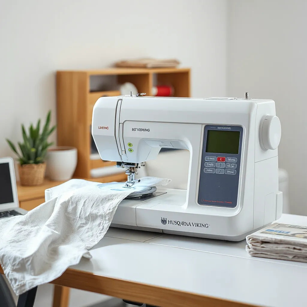 Embroidery machine with an active hoop and fabric on a clean sewing desk, showing the control panel and stitching setup