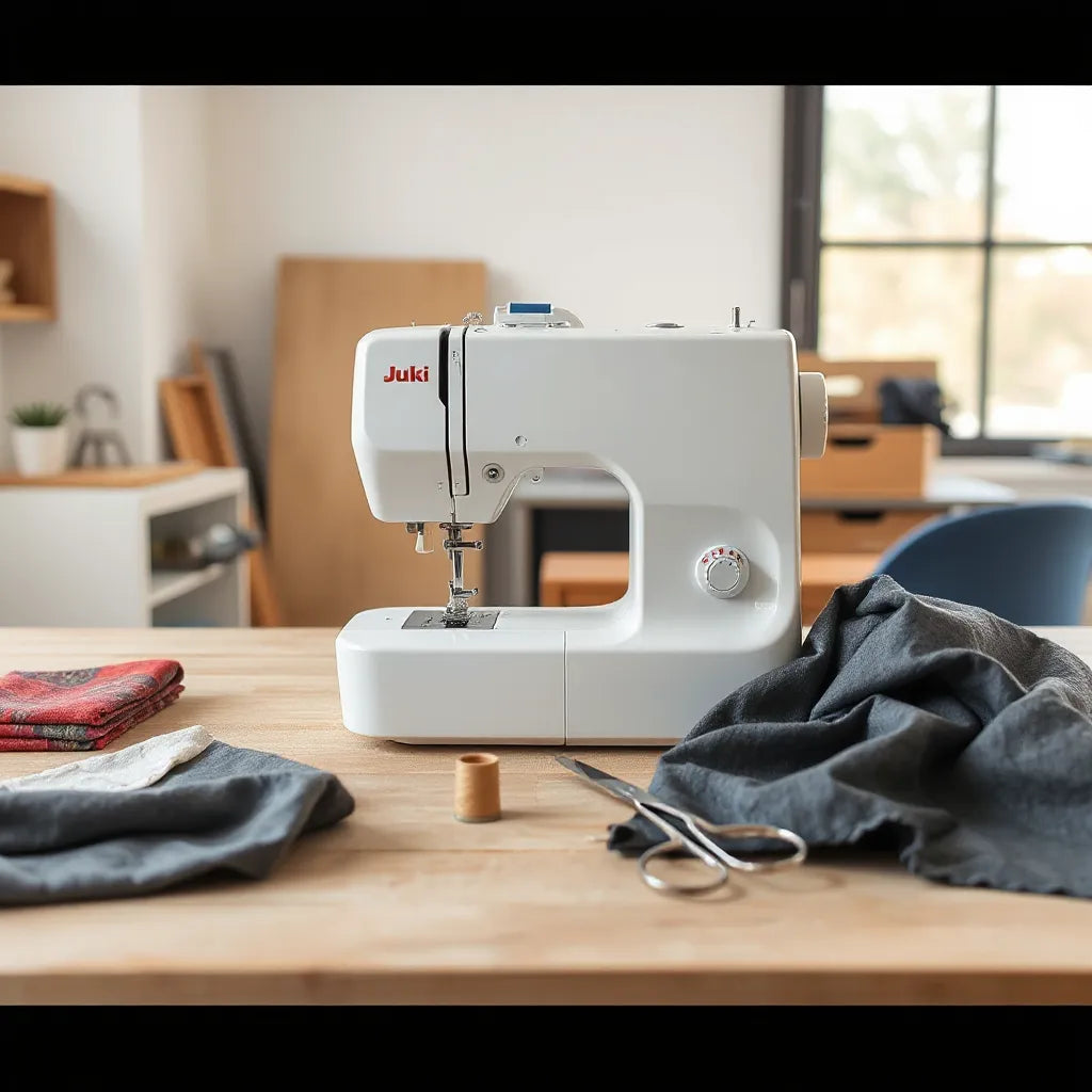 Modern sewing machine on a worktable with fabric swatches and thread accessories