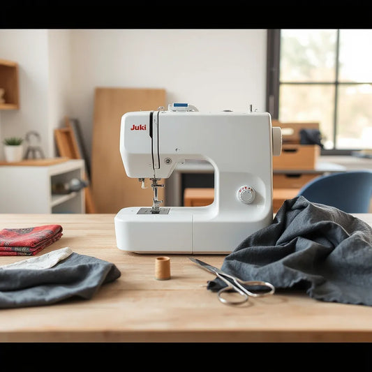 Modern sewing machine on a worktable with fabric swatches and thread accessories