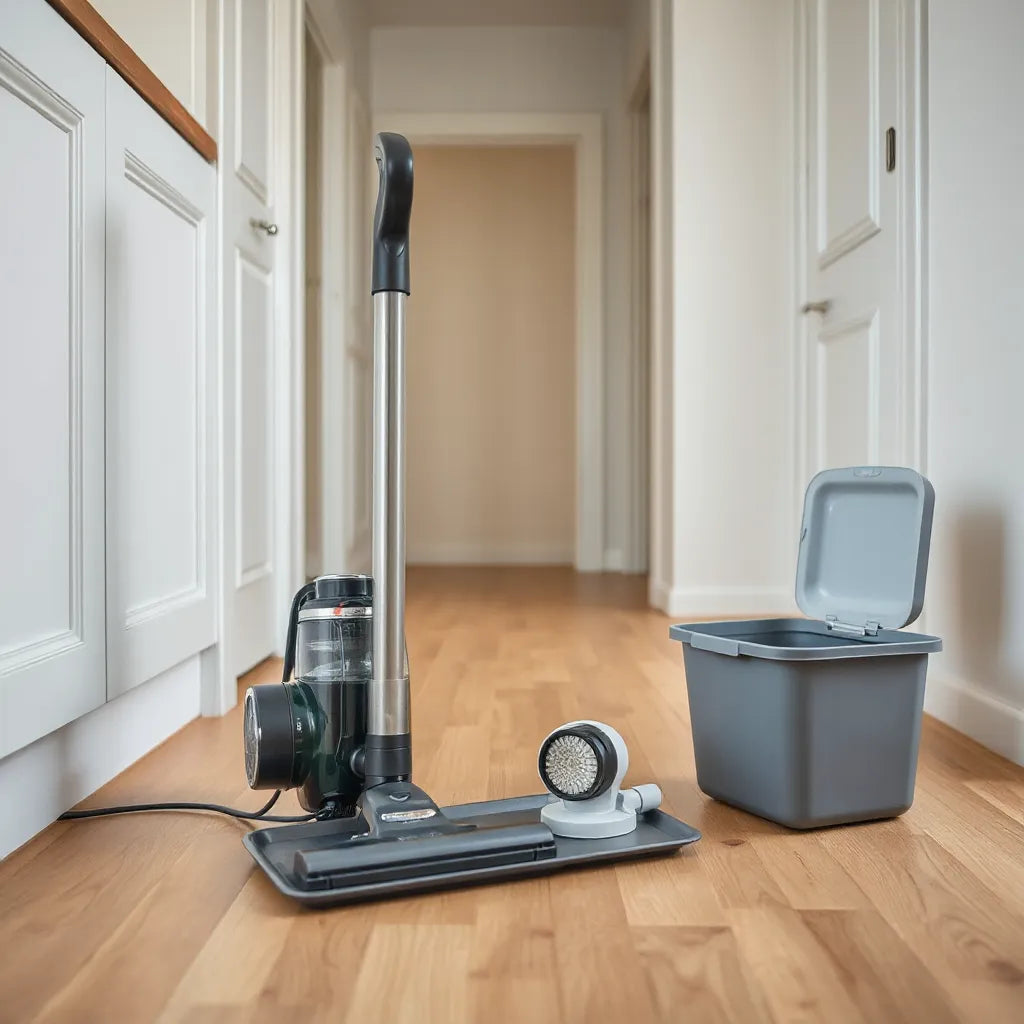 Upright vacuum with dust bin open and filter and brush roll parts laid on a tray on clean floors