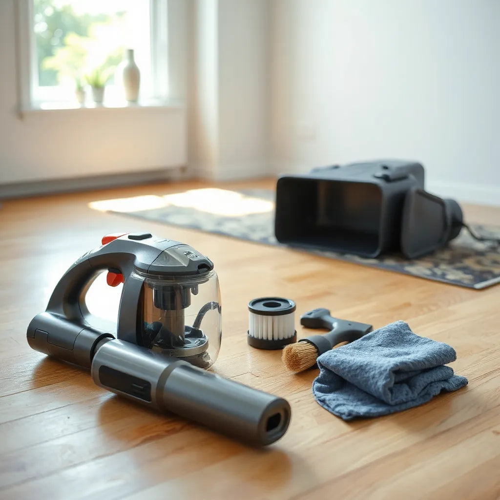 Cordless vacuum with an open canister, filter, and cleaning tools laid out on a clean floor.
