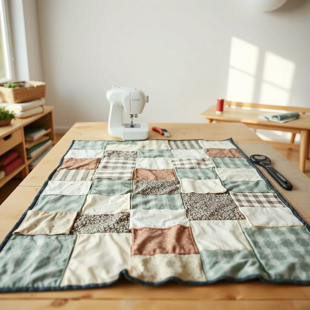Beginner quilt project with simple blocks, fabric pieces, and quilting tools on a sewing table