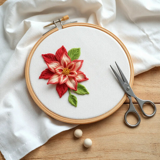 Floral embroidery in a hoop with layered petal stitches and loose threads on a wooden work surface